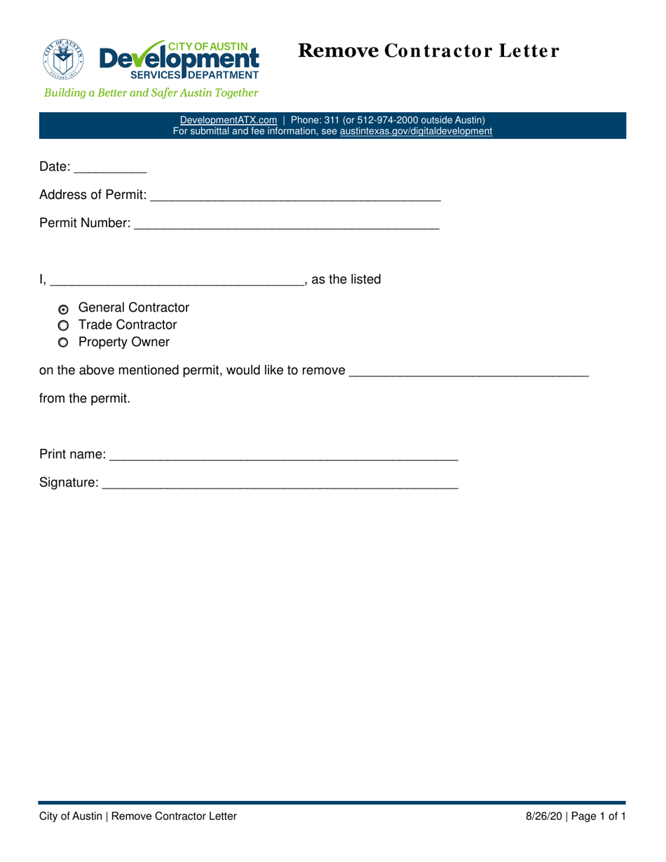 City of Austin, Texas Remove Contractor Letter - Fill Out, Sign Online ...