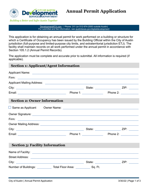 Annual Permit Application - City of Austin, Texas Download Pdf