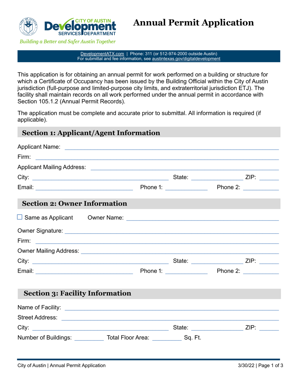 Annual Permit Application - City of Austin, Texas, Page 1
