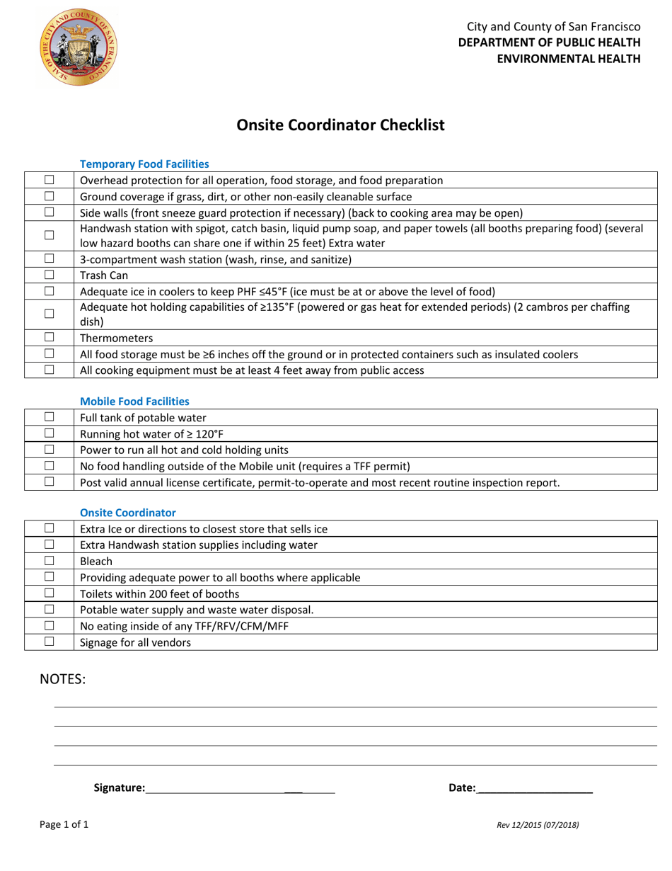 Onsite Coordinator Checklist - City and County of San Francisco, California, Page 1