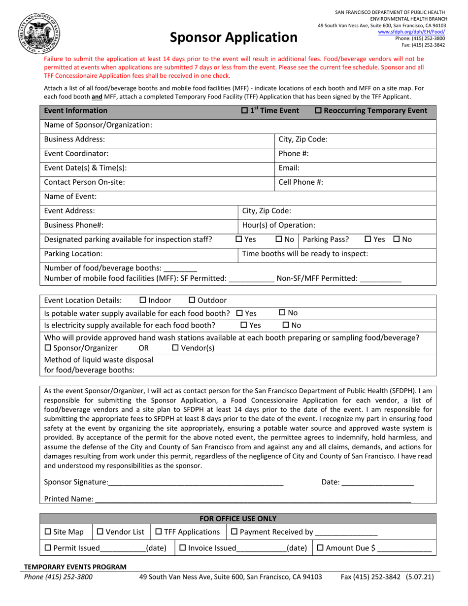 Farmers Market Sponsor Application - City and County of San Francisco, California, Page 1