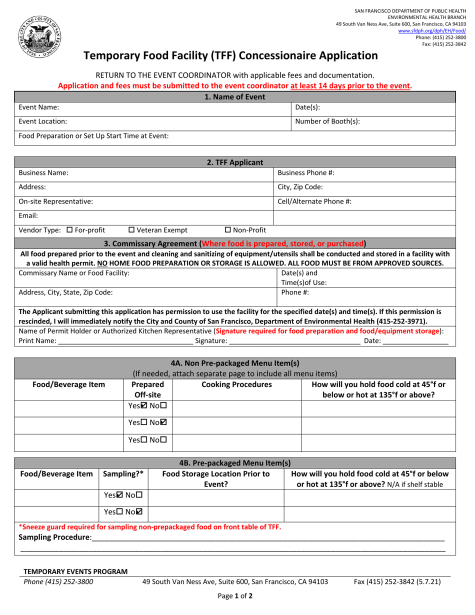 Temporary Food Facility (Tff) Concessionaire Application - City and County of San Francisco, California, Page 1