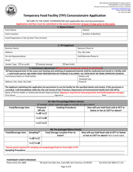 Document preview: Temporary Food Facility (Tff) Concessionaire Application - City and County of San Francisco, California