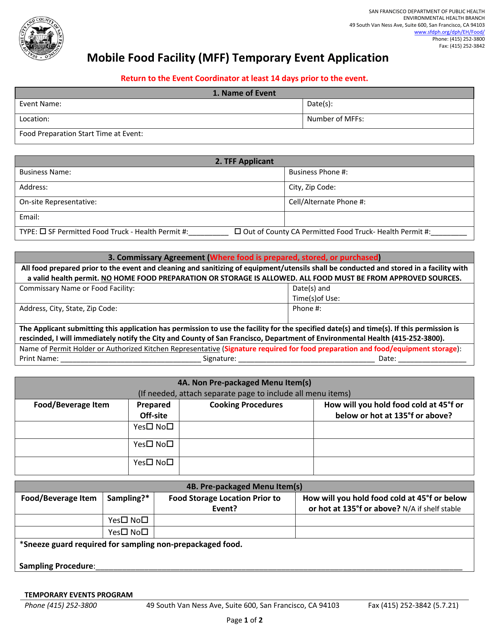 Mobile Food Facility (Mff) Temporary Event Application - City and County of San Francisco, California