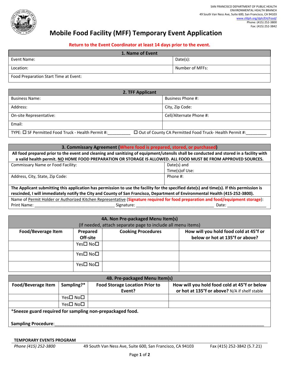 Mobile Food Facility (Mff) Temporary Event Application - City and County of San Francisco, California, Page 1