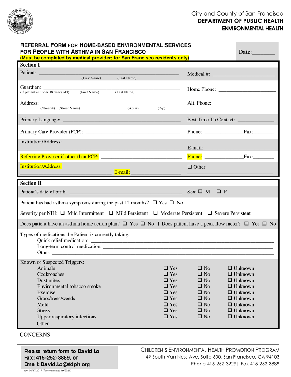 Referral Form for Home-Based Environmental Services for People With Asthma in San Francisco - City and County of San Francisco, California, Page 1