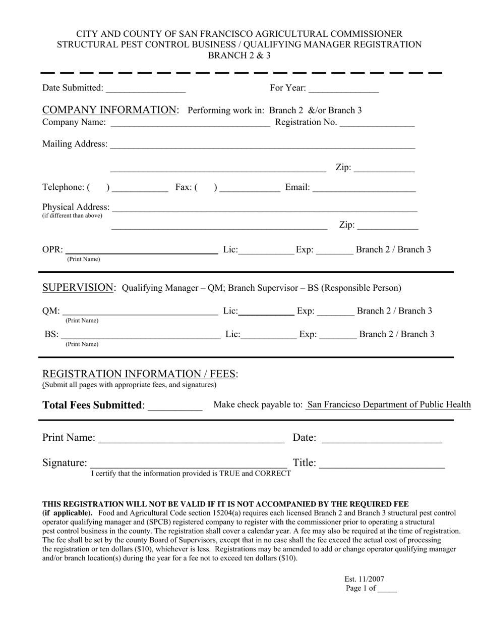 Structural Pest Control Business / Qualifying Manager Registration - Branch 2  3 - City and County of San Francisco, California, Page 1