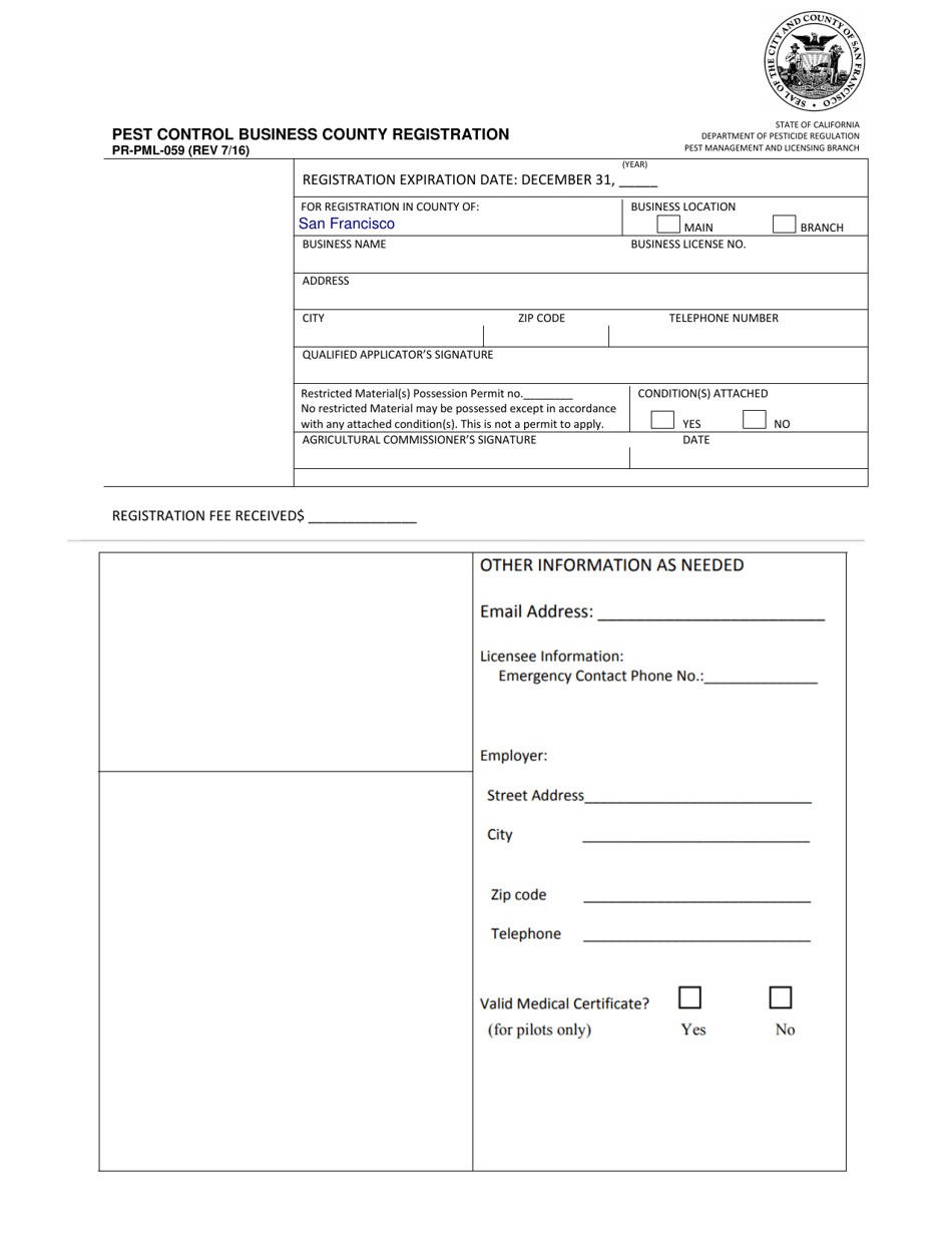 Form PR-PML-059 Pest Control Business County Registration - City and County of San Francisco, California, Page 1