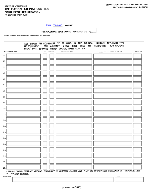 Form PR-ENF-058 Application for Pest Control Equipment Registration - City and County of San Francisco, California