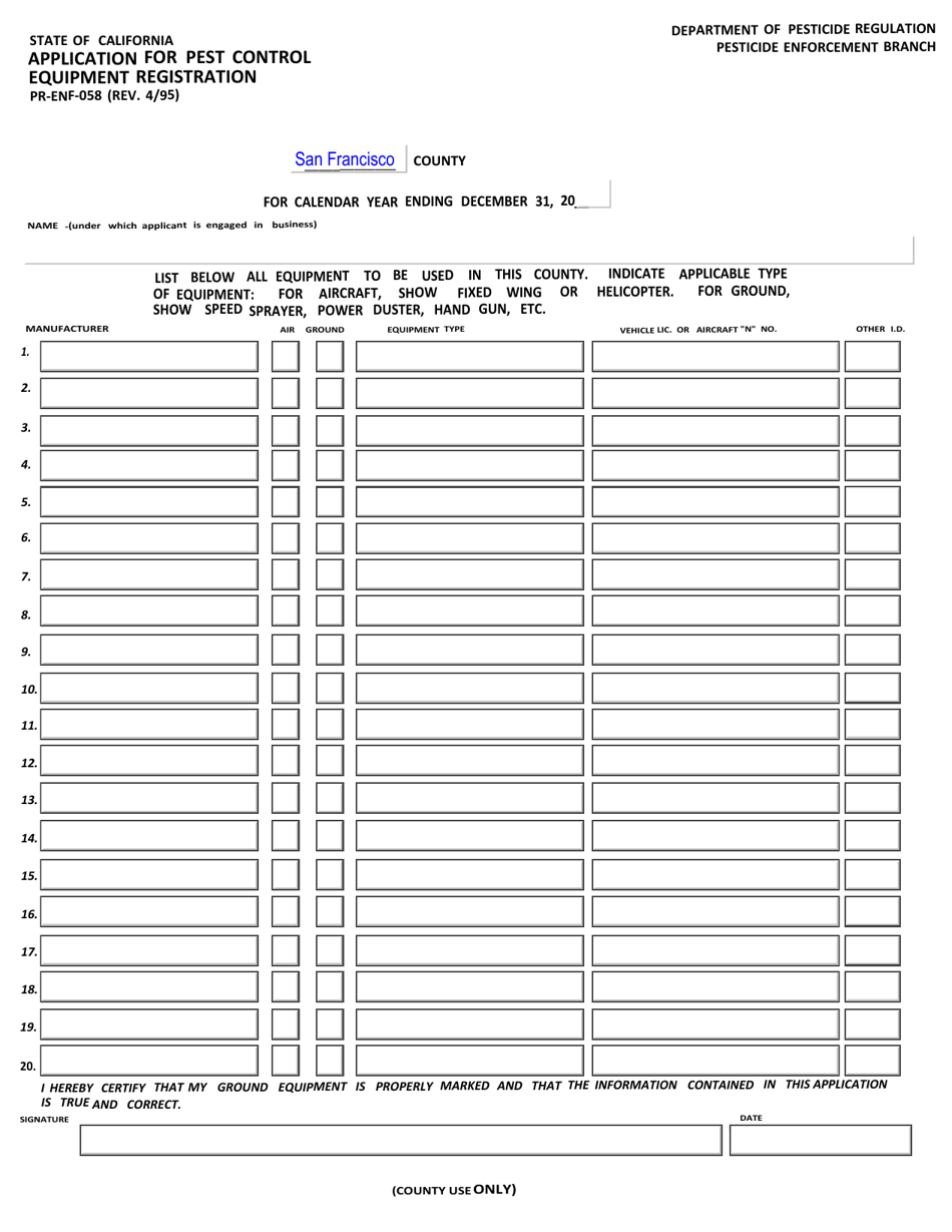 Form PR-ENF-058 Application for Pest Control Equipment Registration - City and County of San Francisco, California, Page 1