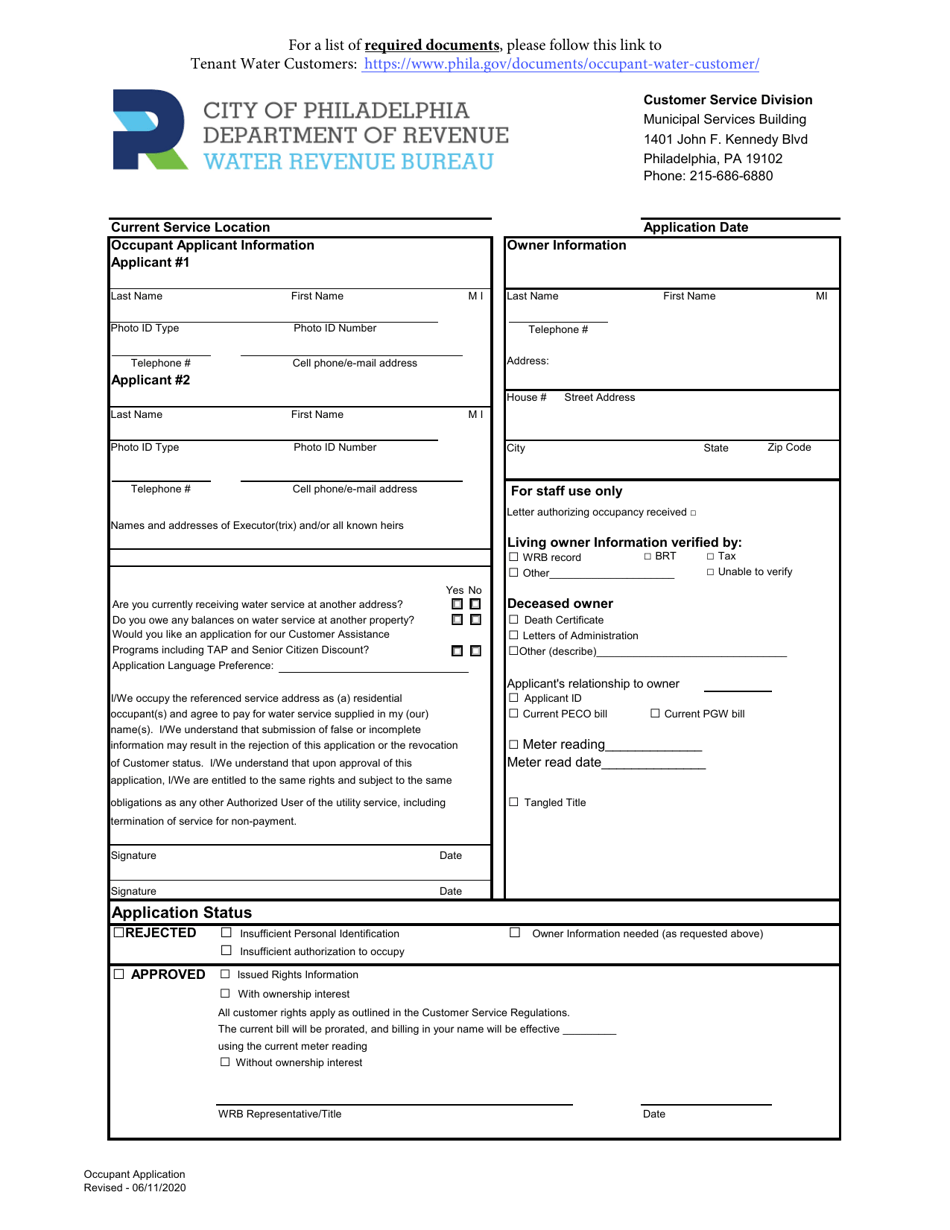 New Occupant Water Customer Application - City of Philadelphia, Pennsylvania, Page 1
