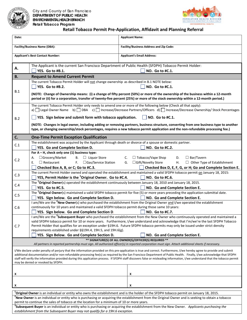 Retail Tobacco Permit Pre-application, Affidavit and Planning Referral - City and County of San Francisco, California, Page 1