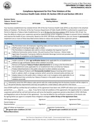 Document preview: Compliance Agreement for First Time Violators of the San Francisco Health Code: Article 19; Section 19h.14 and Section 19h.14-1 - City and County of San Francisco, California