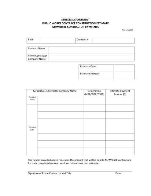 M / W / Dsbe Contractor Payments - Monthly Estimate Form - City of Philadelphia, Pennsylvania Download Pdf