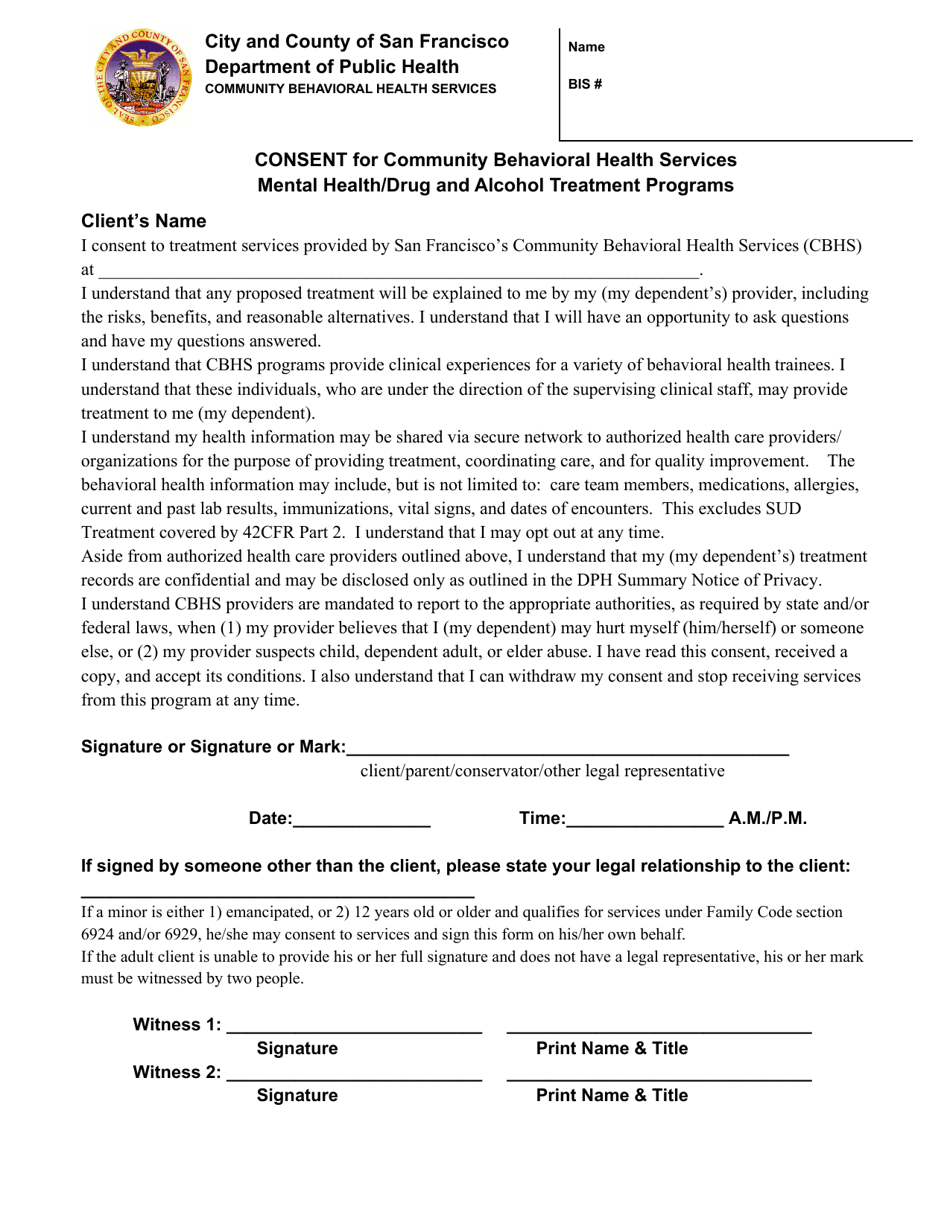 Consent for Community Behavioral Health Services - Mental Health / Drug and Alcohol Treatment Programs - City and County of San Francisco, California, Page 1
