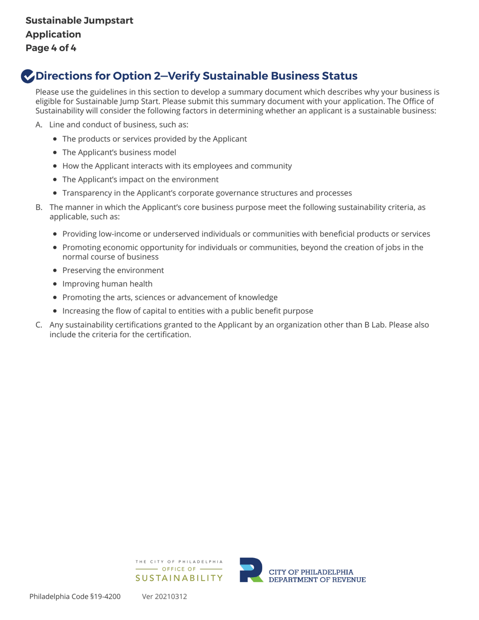 Sustainable Jumpstart Application - City of Philadelphia, Pennsylvania, Page 4