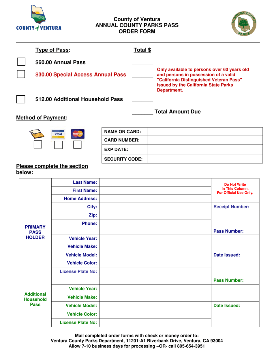 Annual County Parks Pass Order Form - Ventura County, California, Page 1