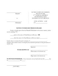 Document preview: Notice to Resume Prior Surname - Snyder County, Pennsylvania