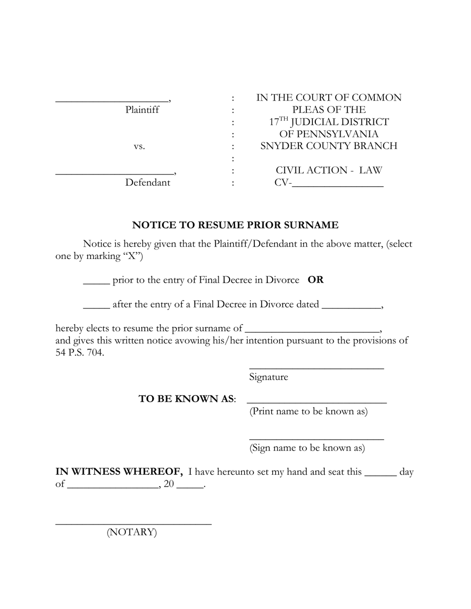Notice to Resume Prior Surname - Snyder County, Pennsylvania, Page 1