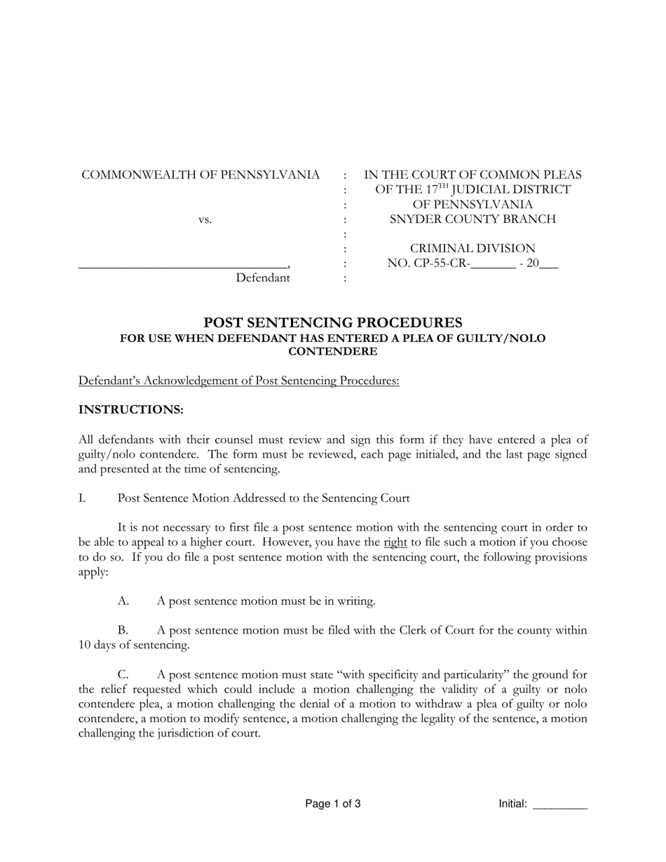 Post Sentencing Procedures for Use When Defendant Has Entered a Plea of Guilty / Nolo Contendere - Snyder County, Pennsylvania, Page 1