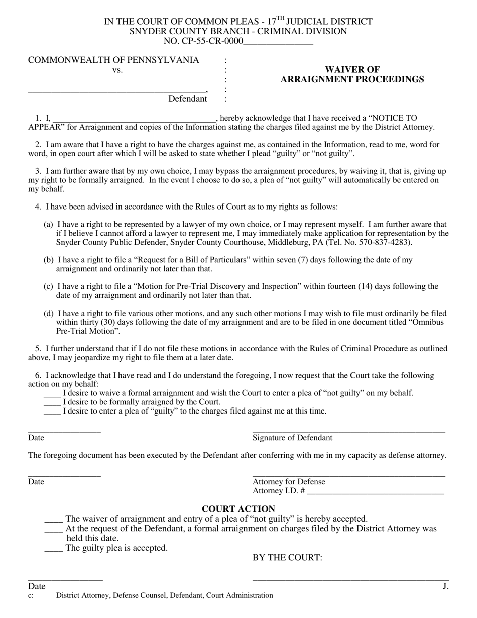 Waiver of Arraignment Proceedings - Snyder County, Pennsylvania, Page 1