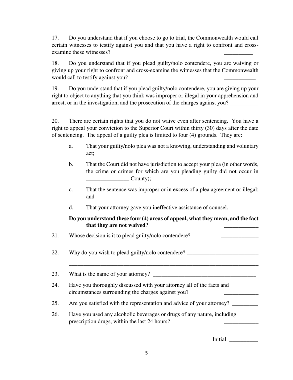 Guilty Plea Colloquy Form - Snyder County, Pennsylvania, Page 5