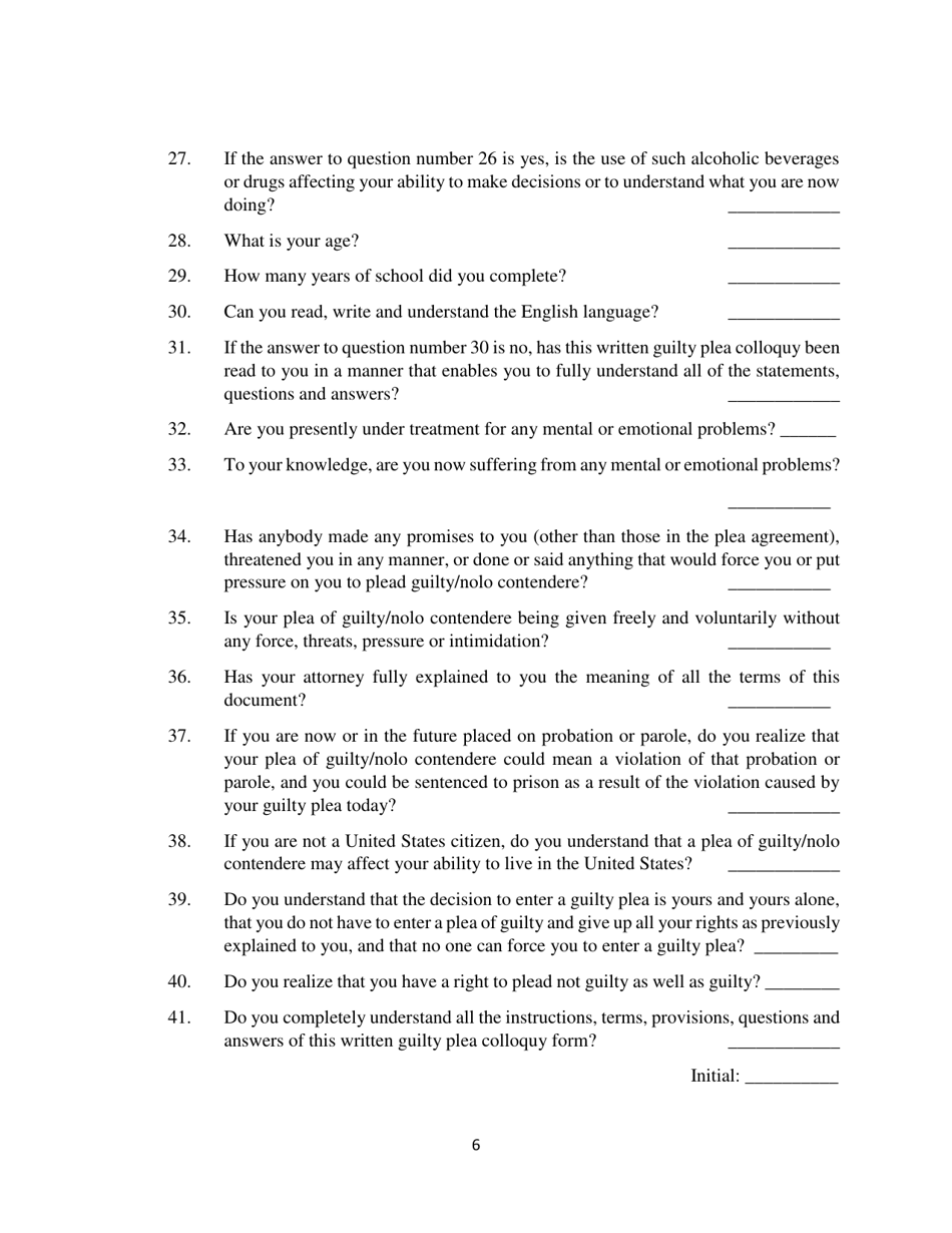 Guilty Plea Colloquy Form - Snyder County, Pennsylvania, Page 6