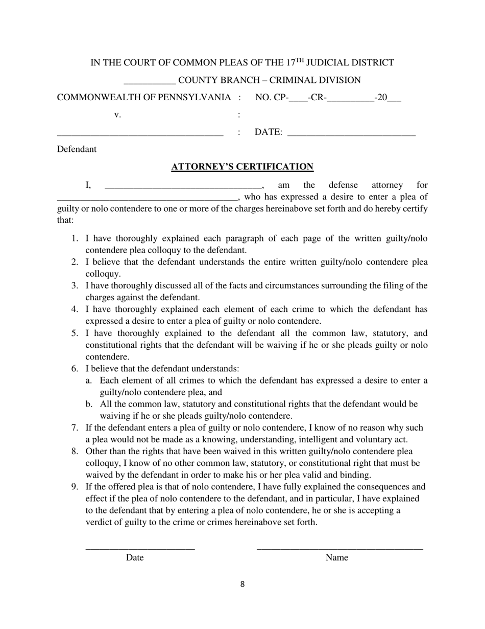 Guilty Plea Colloquy Form - Snyder County, Pennsylvania, Page 8