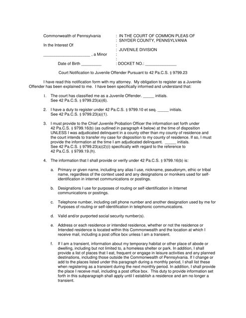 Court Notification to Juvenile Offender Pursuant to 42 Pa.c.s. 9799.23 - Snyder County, Pennsylvania Download Pdf