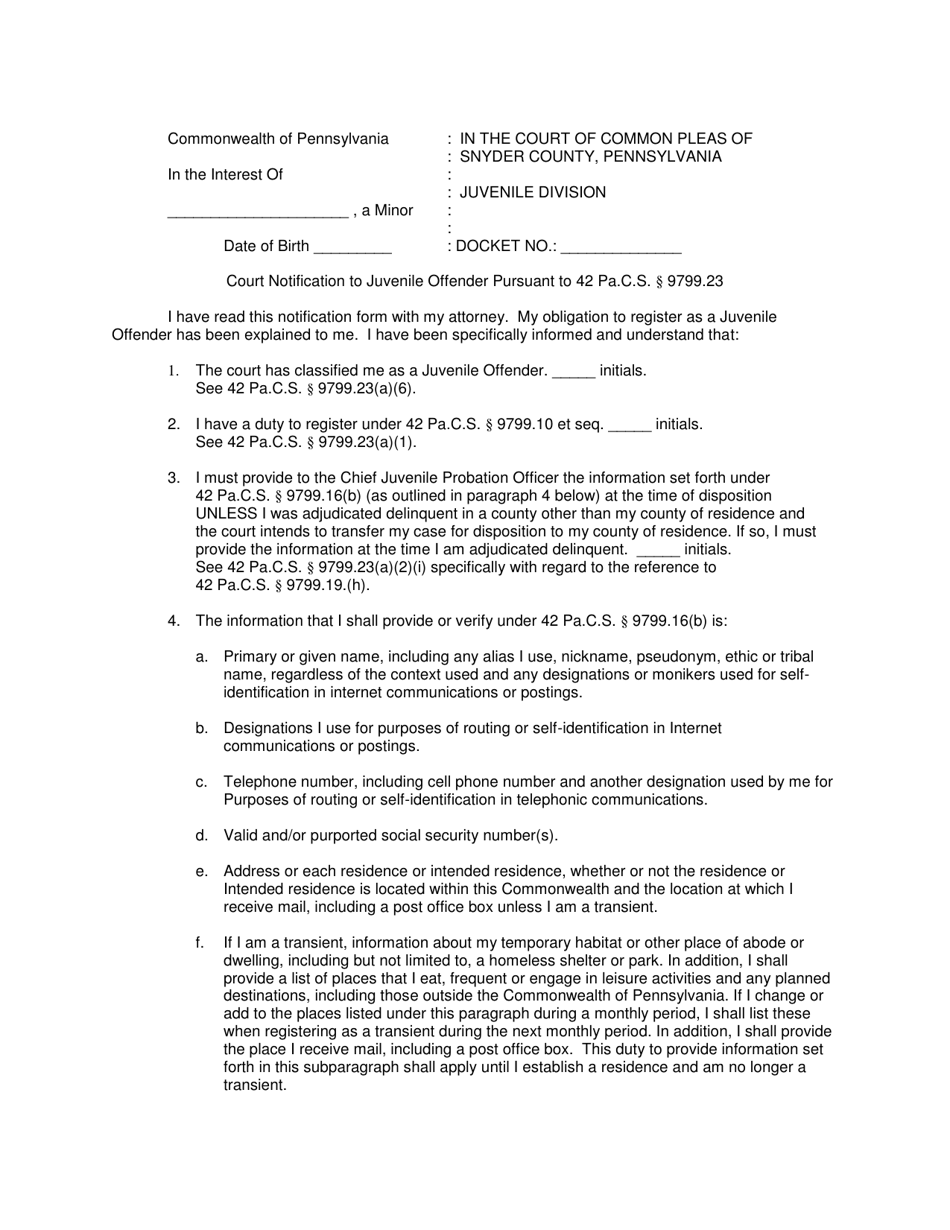Court Notification to Juvenile Offender Pursuant to 42 Pa.c.s. 9799.23 - Snyder County, Pennsylvania, Page 1