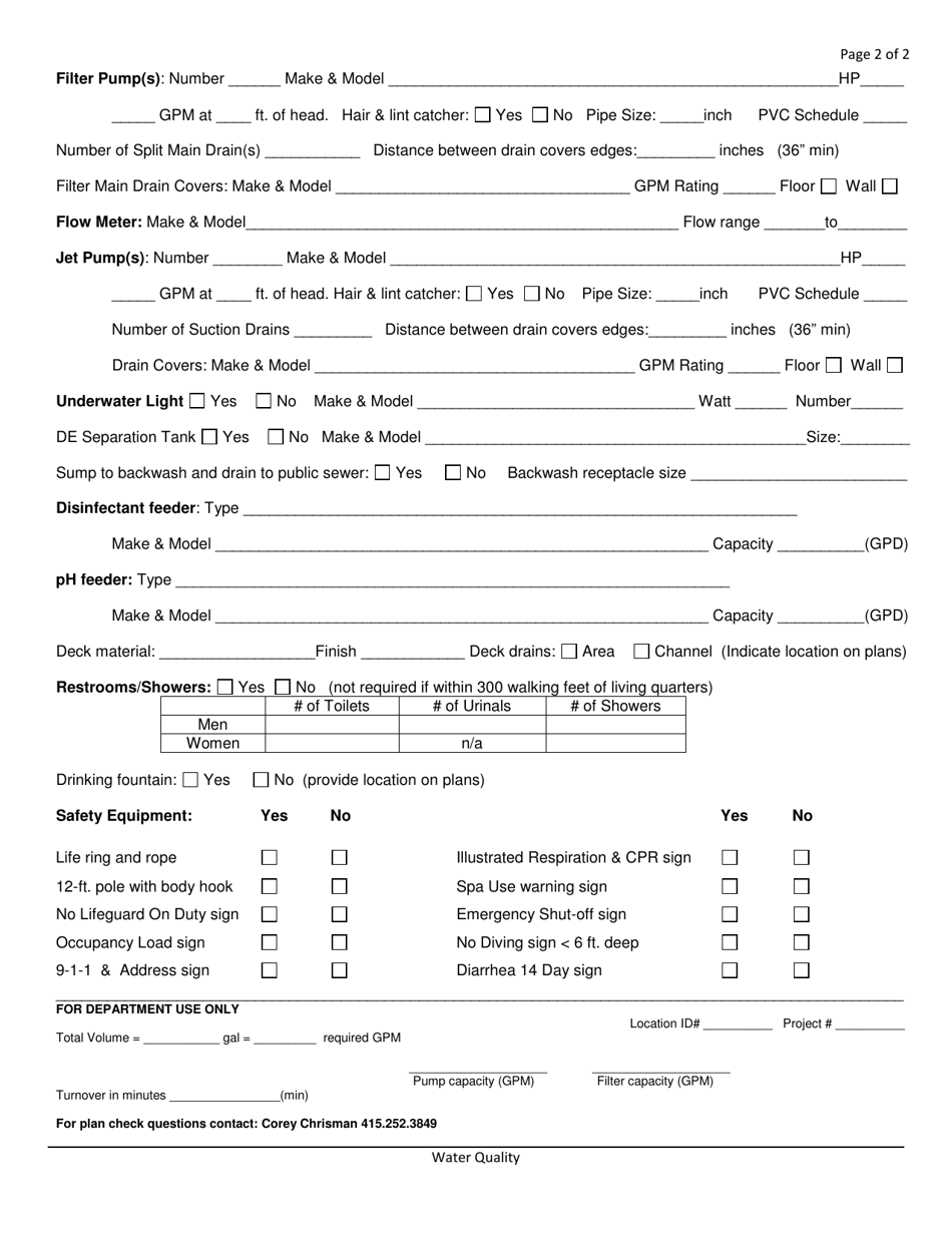 City and County of San Francisco, California Pool/SPA Data Sheet - Fill ...