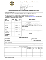 Document preview: Application for Death-Related Purchases (Funeral Home/Mortuary Use Only) - City and County of San Francisco, California