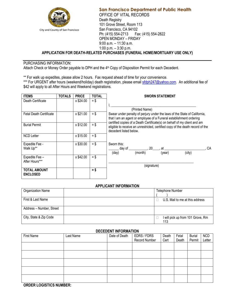 Application for Death-Related Purchases (Funeral Home/Mortuary Use Only) - City and County of San Francisco, California, Page 1