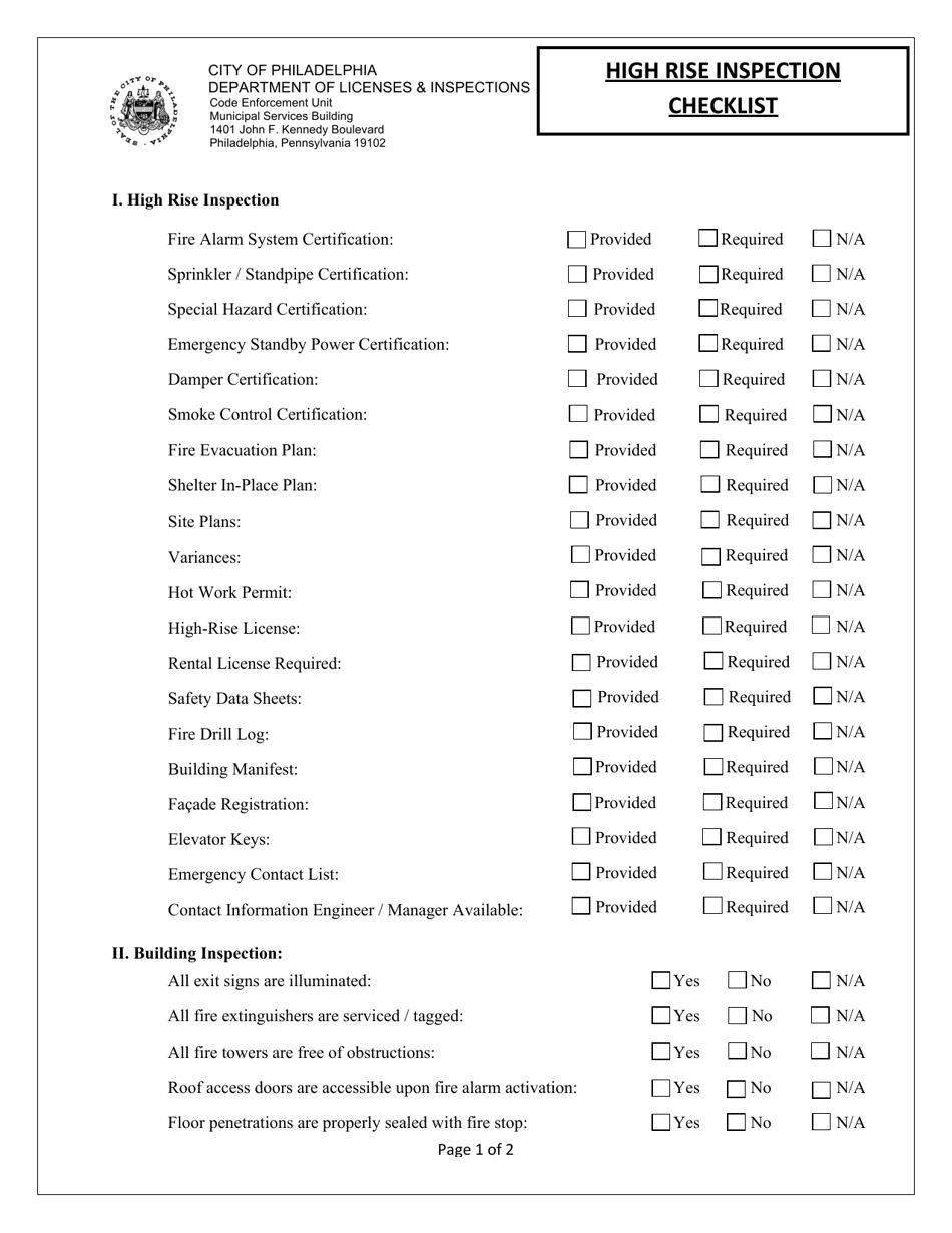 City of Philadelphia Pennsylvania High Rise Inspection Checklist