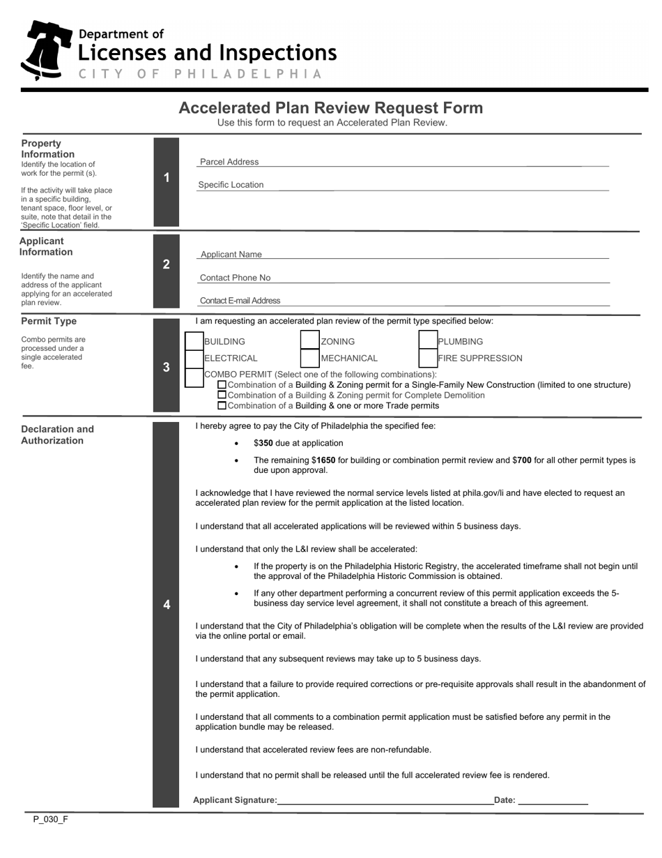 Form P_030_F Accelerated Plan Review Request Form - City of Philadelphia, Pennsylvania, Page 1