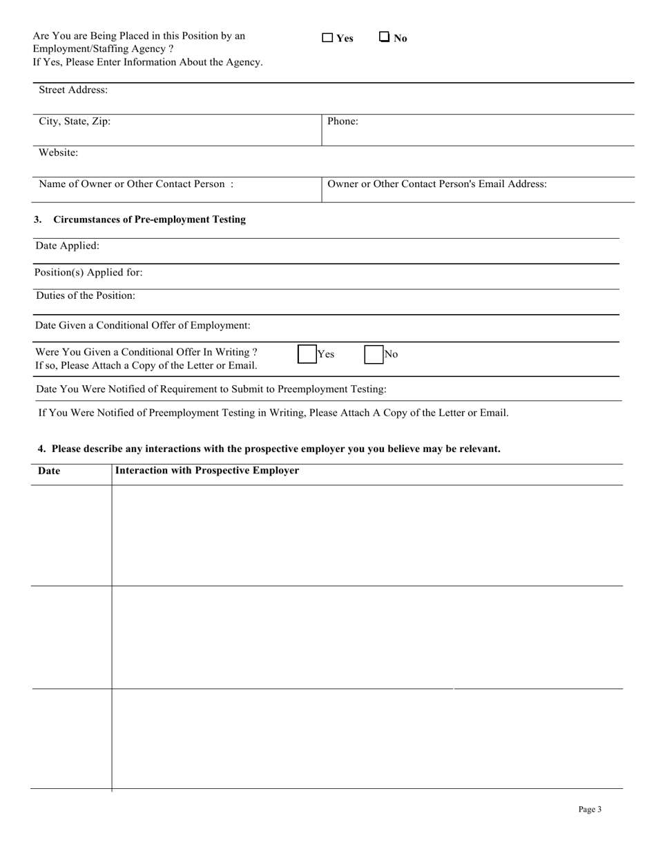 Prohibition on Testing for Marijuana as a Condition for Employment Intake Form - City of Philadelphia, Pennsylvania, Page 3
