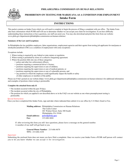 Prohibition on Testing for Marijuana as a Condition for Employment Intake Form - City of Philadelphia, Pennsylvania Download Pdf