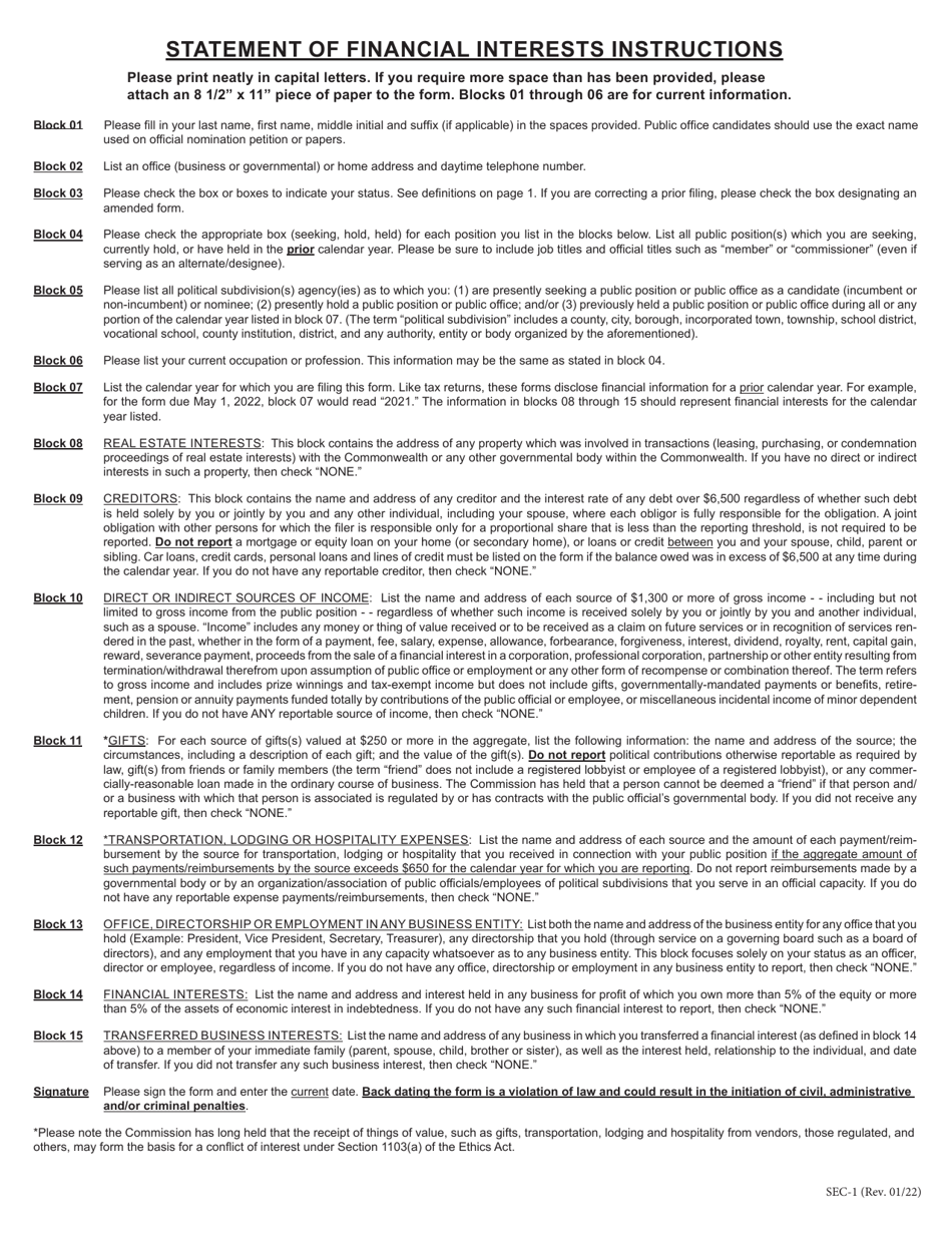 Form SEC-1 Statement of Financial Interests - Pennsylvania, Page 2