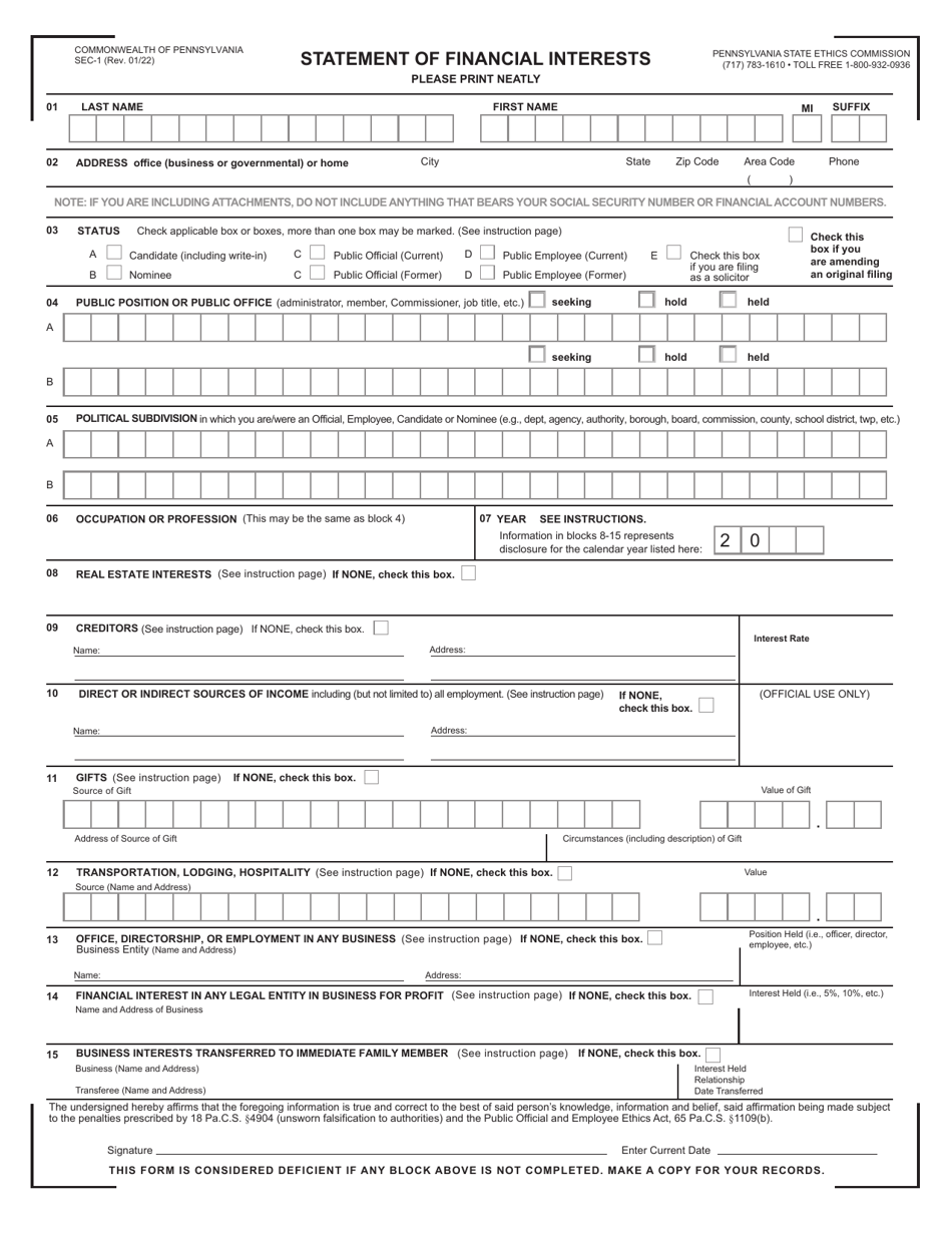 Form SEC-1 Statement of Financial Interests - Pennsylvania, Page 3
