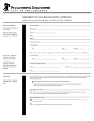 Document preview: Application for Local Business Entity Certification - City of Philadelphia, Pennsylvania