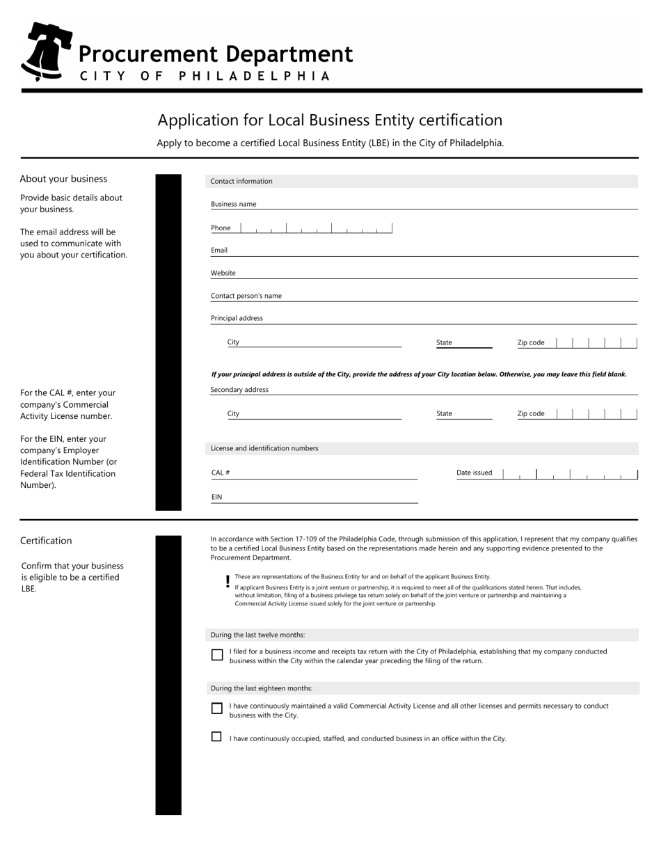Application for Local Business Entity Certification - City of Philadelphia, Pennsylvania, Page 1