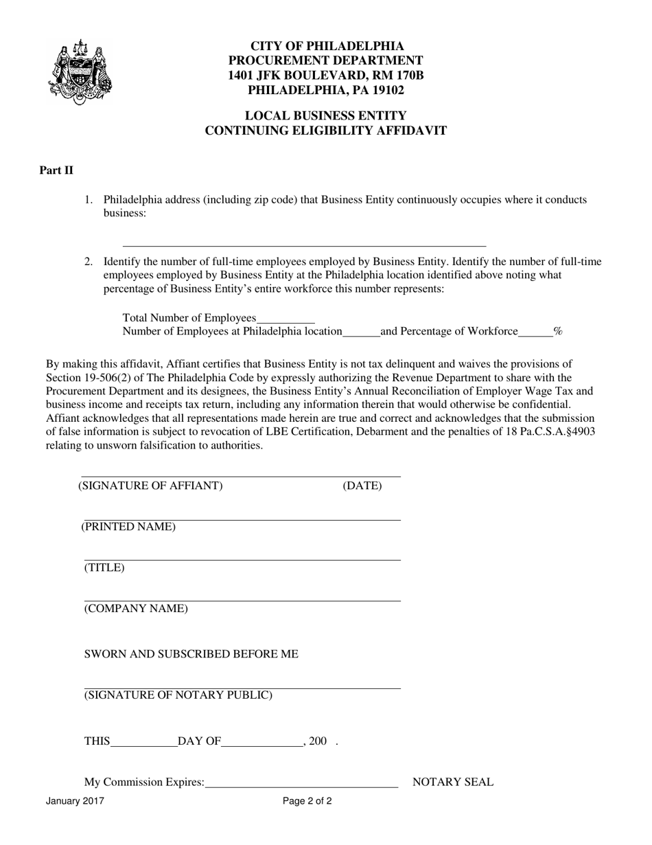Local Business Entity Continuing Eligibility Affidavit - City of Philadelphia, Pennsylvania, Page 2
