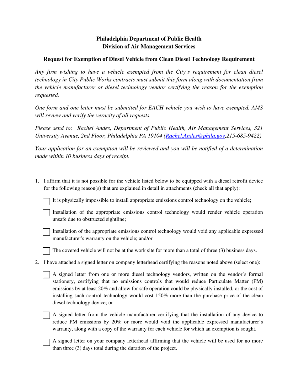 Request for Exemption of Diesel Vehicle From Clean Diesel Technology Requirement - City of Philadelphia, Pennsylvania, Page 1