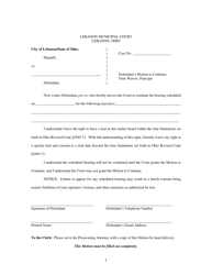 Document preview: Defendant's Motion to Continue; Time Waiver; Praecipe - City of Lebanon, Ohio