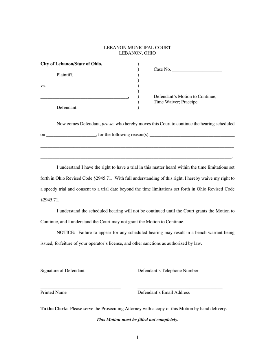 Defendants Motion to Continue; Time Waiver; Praecipe - City of Lebanon, Ohio, Page 1