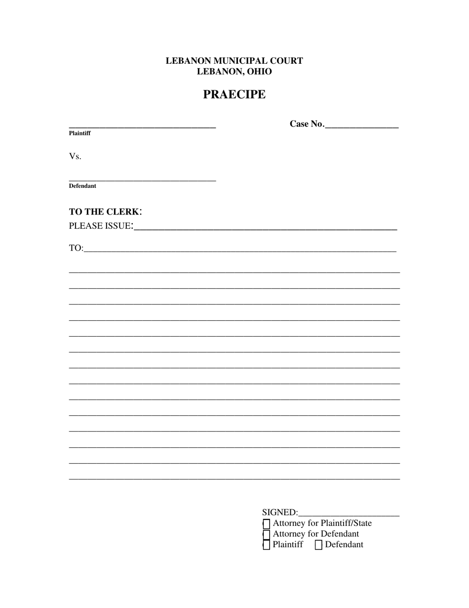 City of Lebanon, Ohio Praecipe Fill Out, Sign Online and Download PDF