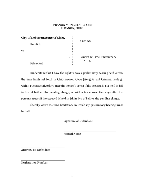 Waiver of Time - Preliminary Hearing - City of Lebanon, Ohio Download Pdf