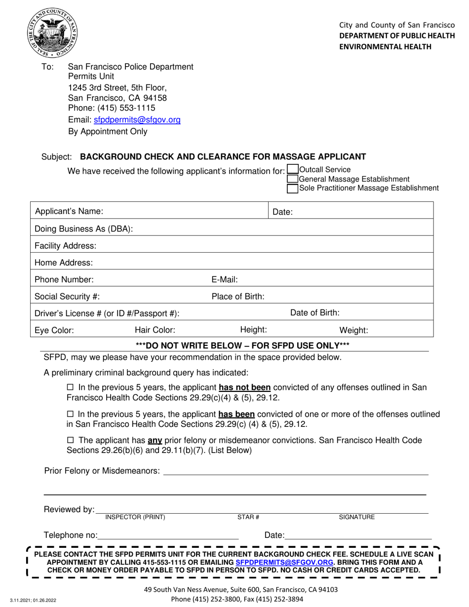 Background Check and Clearance for Massage Applicant - City and County of Ssn Francisco, California, Page 1
