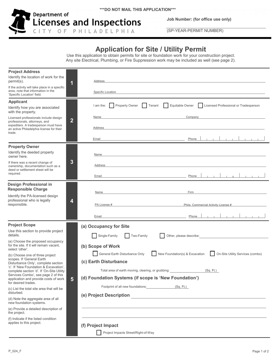 Form P_024_F Application for Site / Utility Permit - City of Philadelphia, Pennsylvania, Page 1
