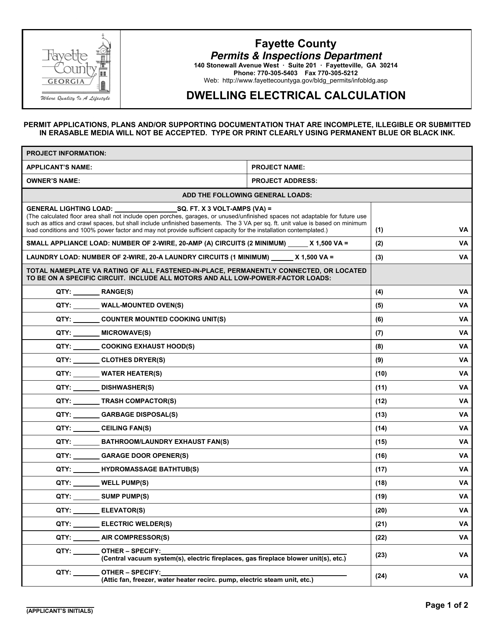 Dwelling Electrical Calculation - Fayette County, Georgia (United States) Download Pdf